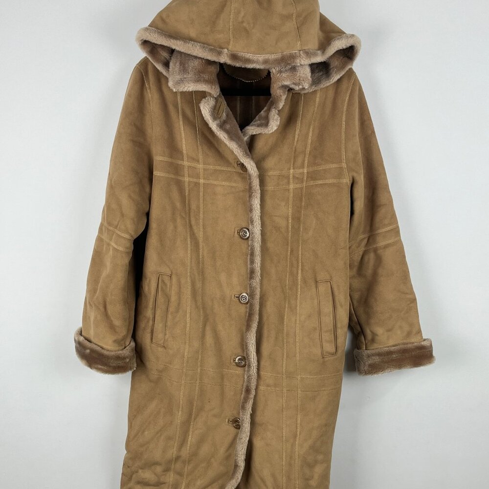 Fen-Nelli Studio Shearling Coat Size M 7/8 Brown Long Sleeve Button Down Hooded